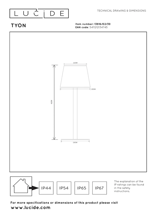 Lucide TYON - Lampe de table Rechargeable Intérieur/Extérieur - Batterie/Piles - LED Dim. - 1x2W 2700K - IP65 - Noir - technique